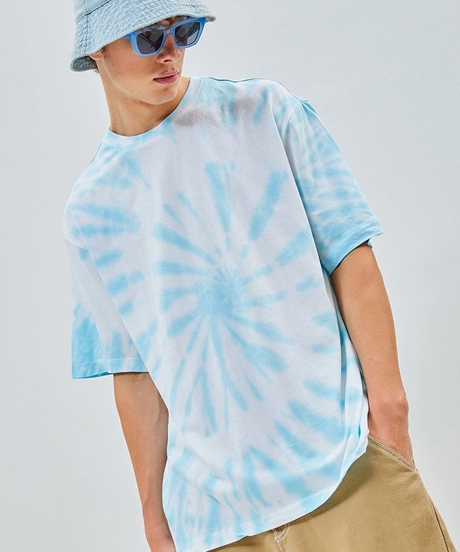 Men's White & Blue Tie & Dye Oversized T-shirt