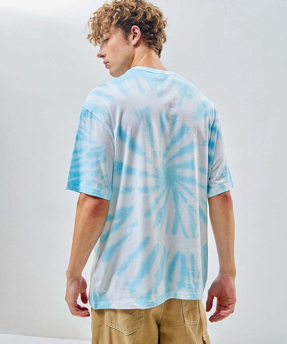 Men's White & Blue Tie & Dye Oversized T-shirt