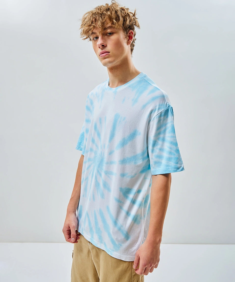 Men's White & Blue Tie & Dye Oversized T-shirt