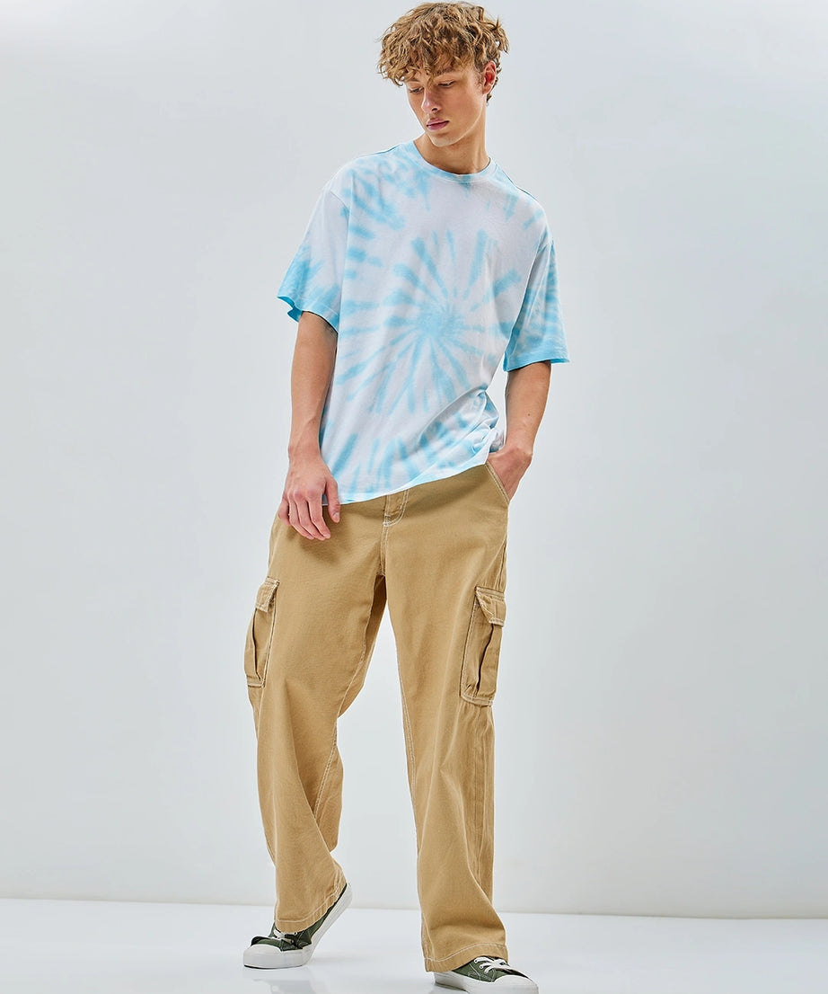 Men's White & Blue Tie & Dye Oversized T-shirt