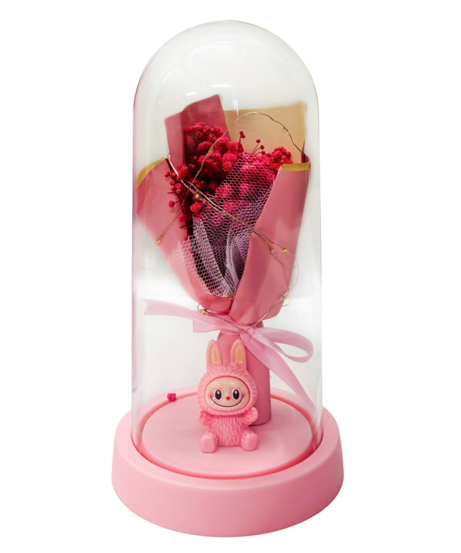 Pink Flower Dome Gift with LED Light – Decorative Rose Bouquet Display with Cute Labubu Figurine