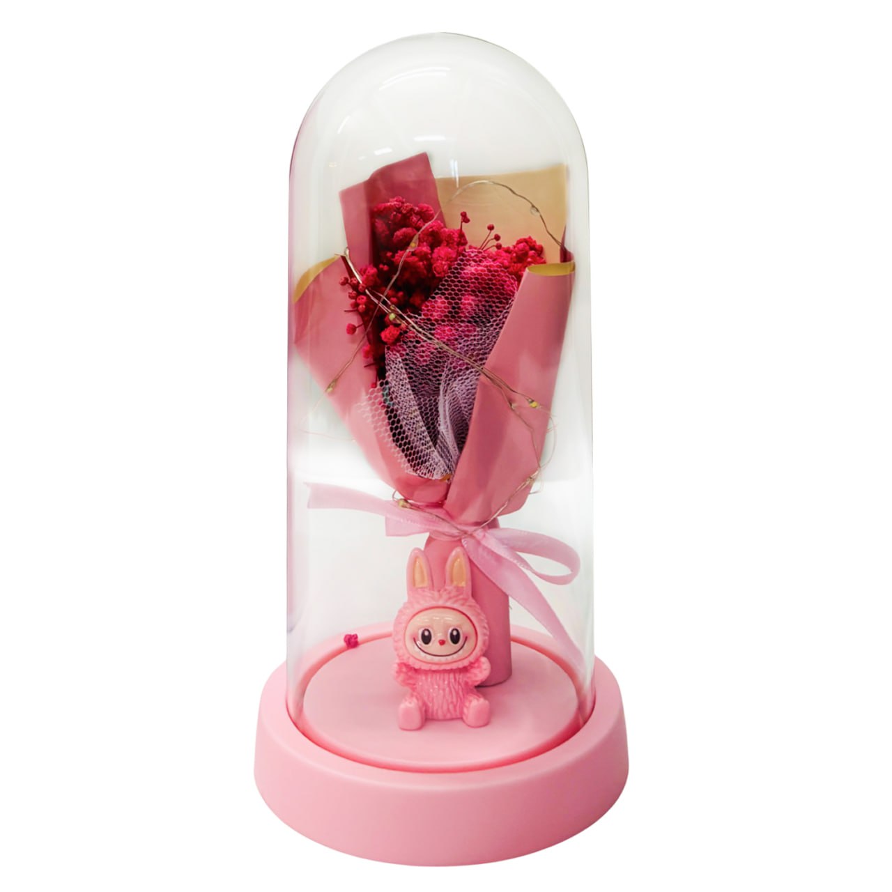 Pink Flower Dome Gift with LED Light – Decorative Rose Bouquet Display with Cute Labubu Figurine