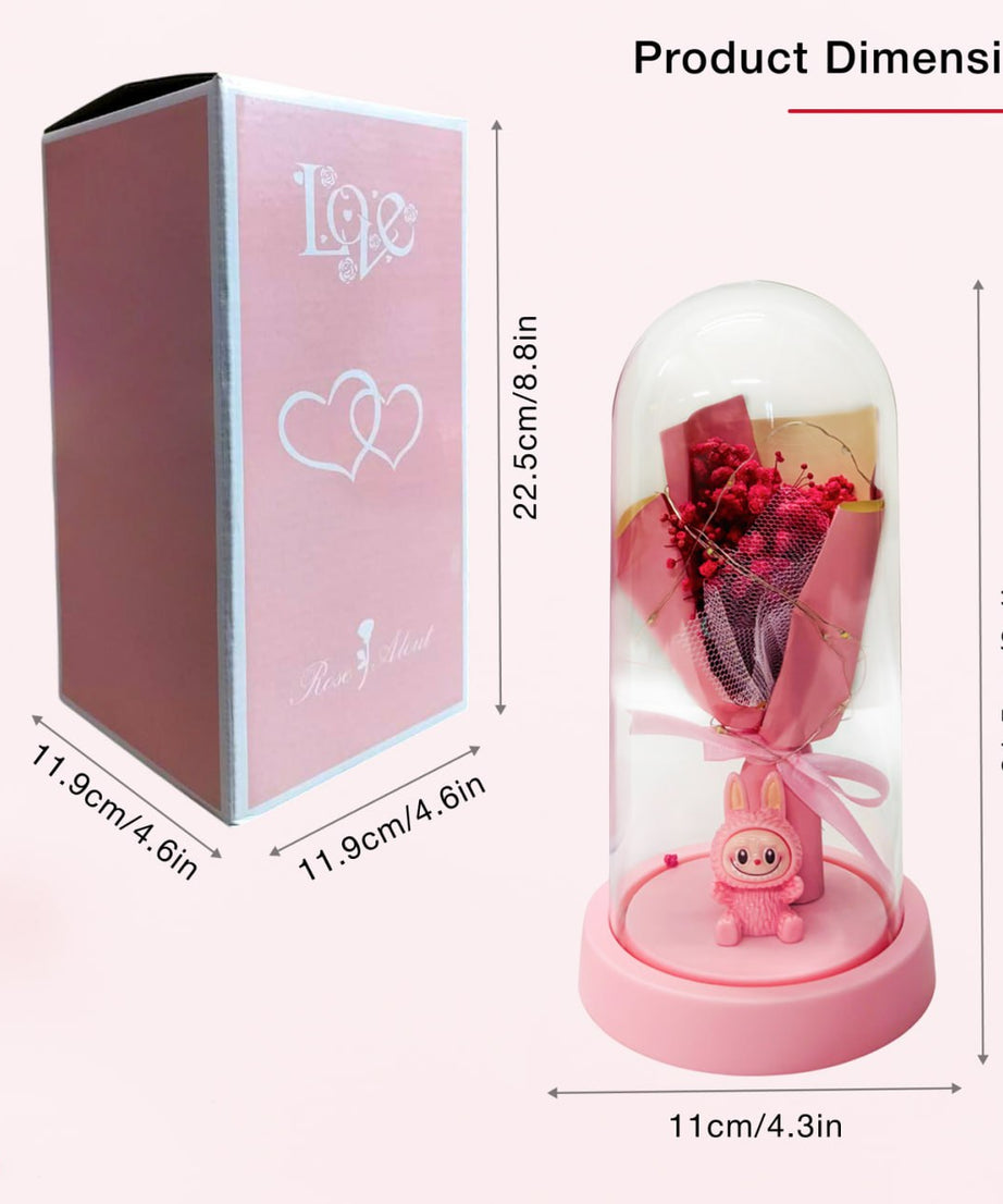 Pink Flower Dome Gift with LED Light – Decorative Rose Bouquet Display with Cute Labubu Figurine
