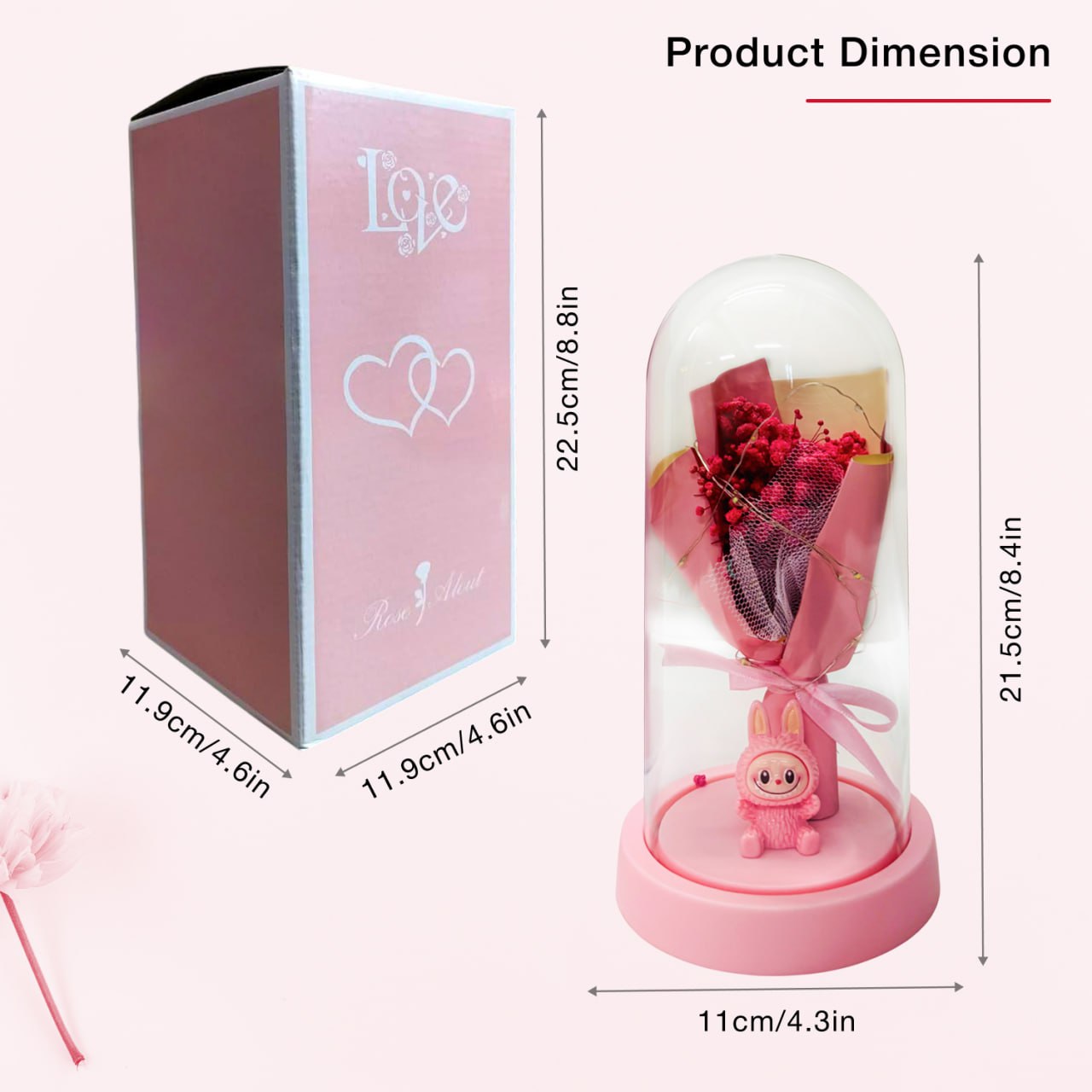 Pink Flower Dome Gift with LED Light – Decorative Rose Bouquet Display with Cute Labubu Figurine
