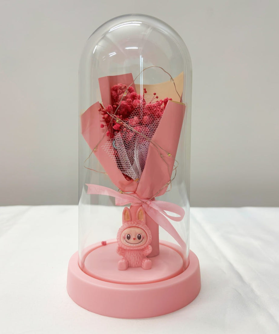 Pink Flower Dome Gift with LED Light – Decorative Rose Bouquet Display with Cute Labubu Figurine