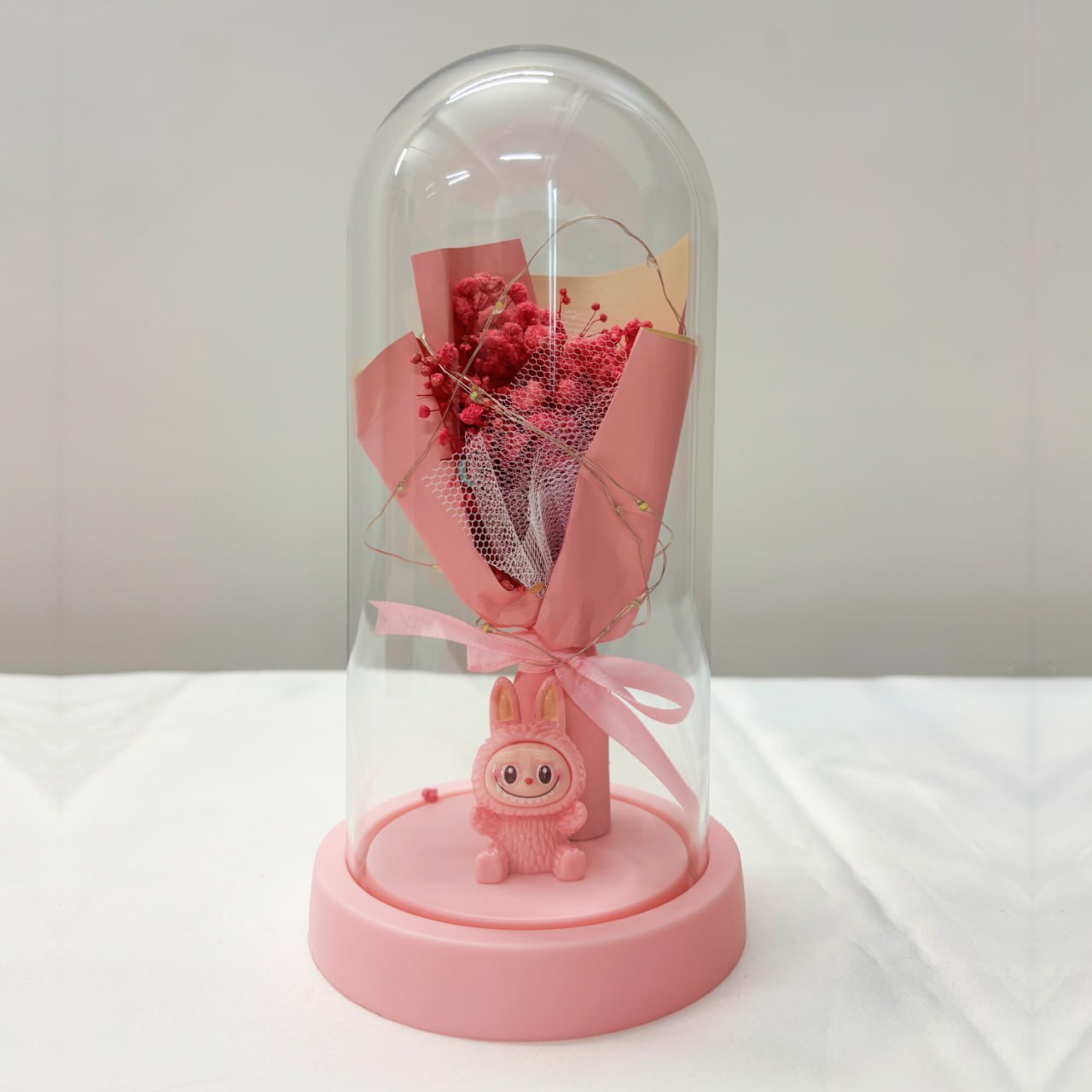 Pink Flower Dome Gift with LED Light – Decorative Rose Bouquet Display with Cute Labubu Figurine
