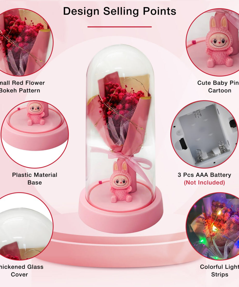 Pink Flower Dome Gift with LED Light – Decorative Rose Bouquet Display with Cute Labubu Figurine