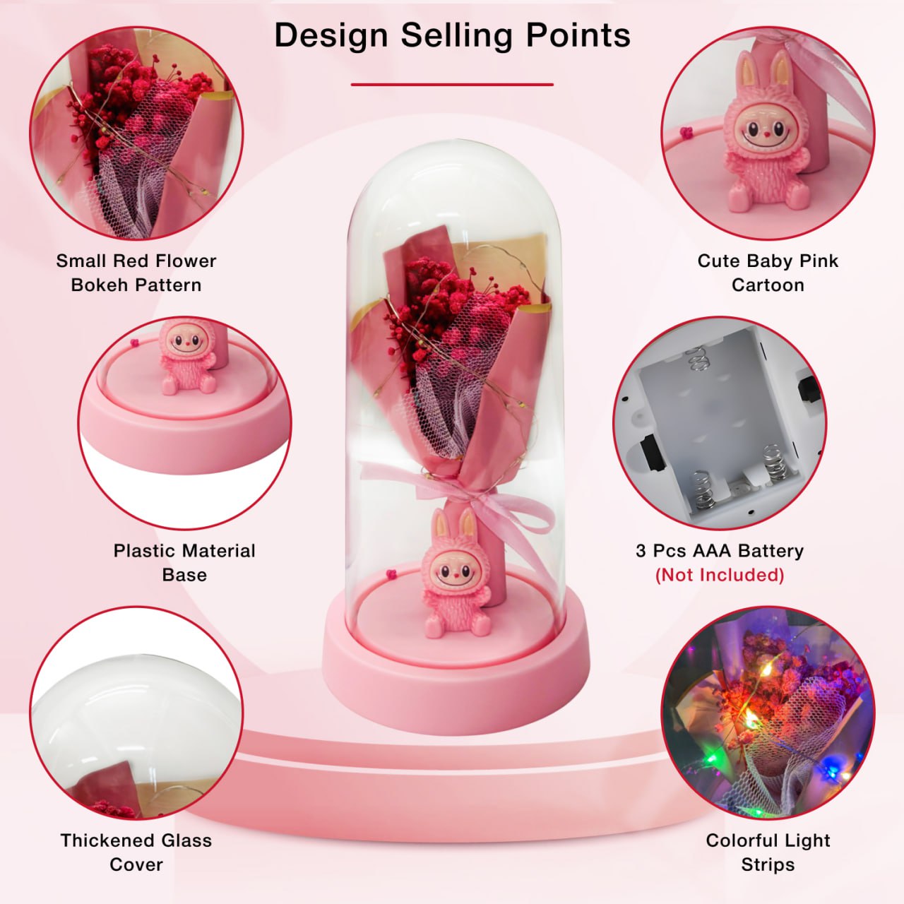 Pink Flower Dome Gift with LED Light – Decorative Rose Bouquet Display with Cute Labubu Figurine