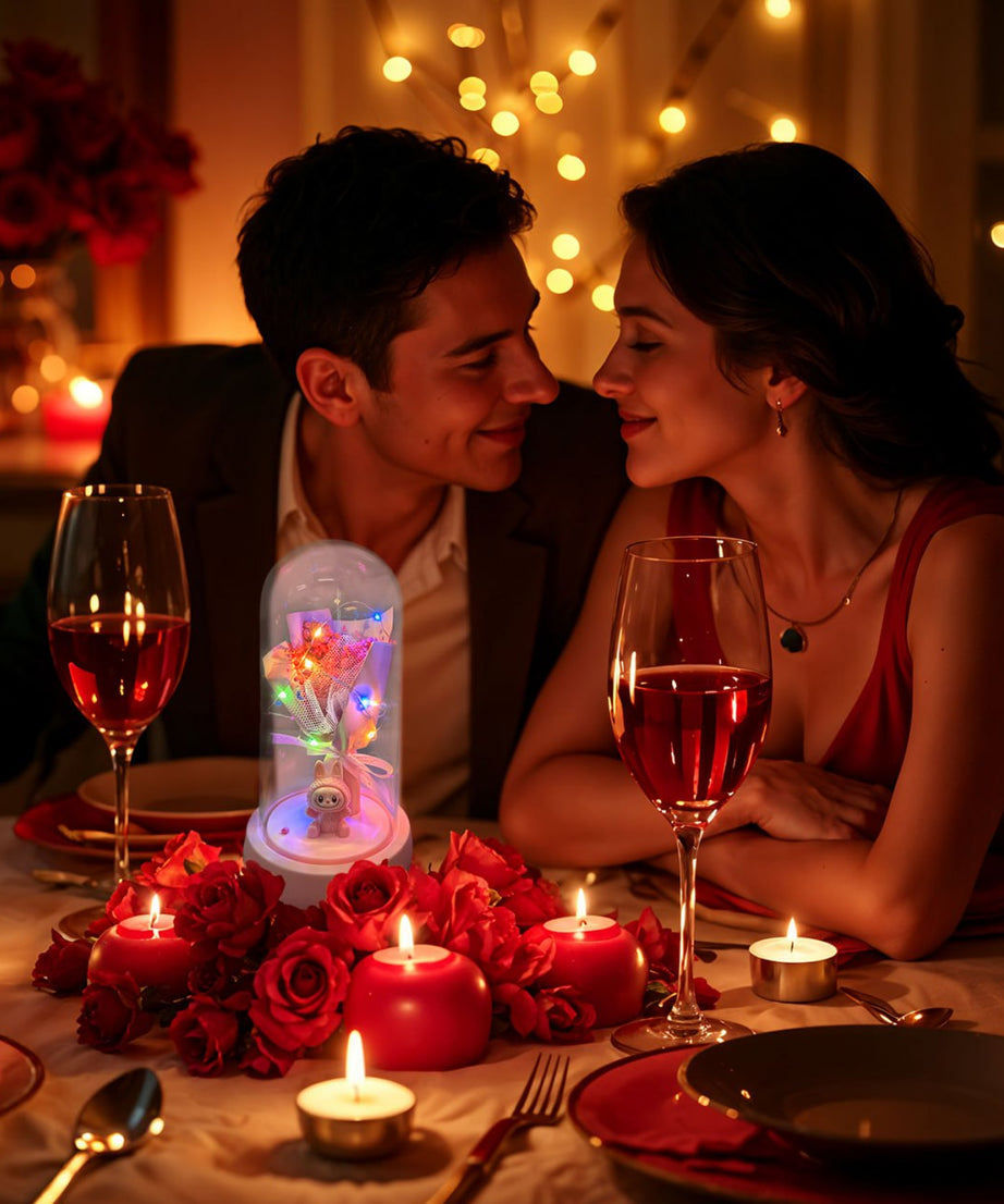 Pink Flower Dome Gift with LED Light – Decorative Rose Bouquet Display with Cute Labubu Figurine