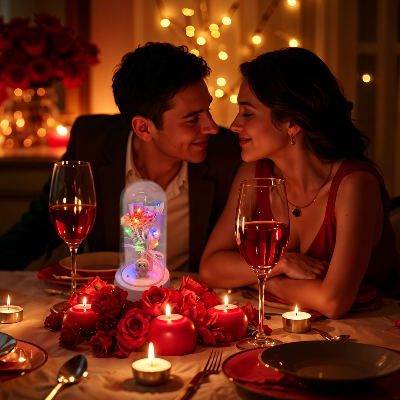 Pink Flower Dome Gift with LED Light – Decorative Rose Bouquet Display with Cute Labubu Figurine