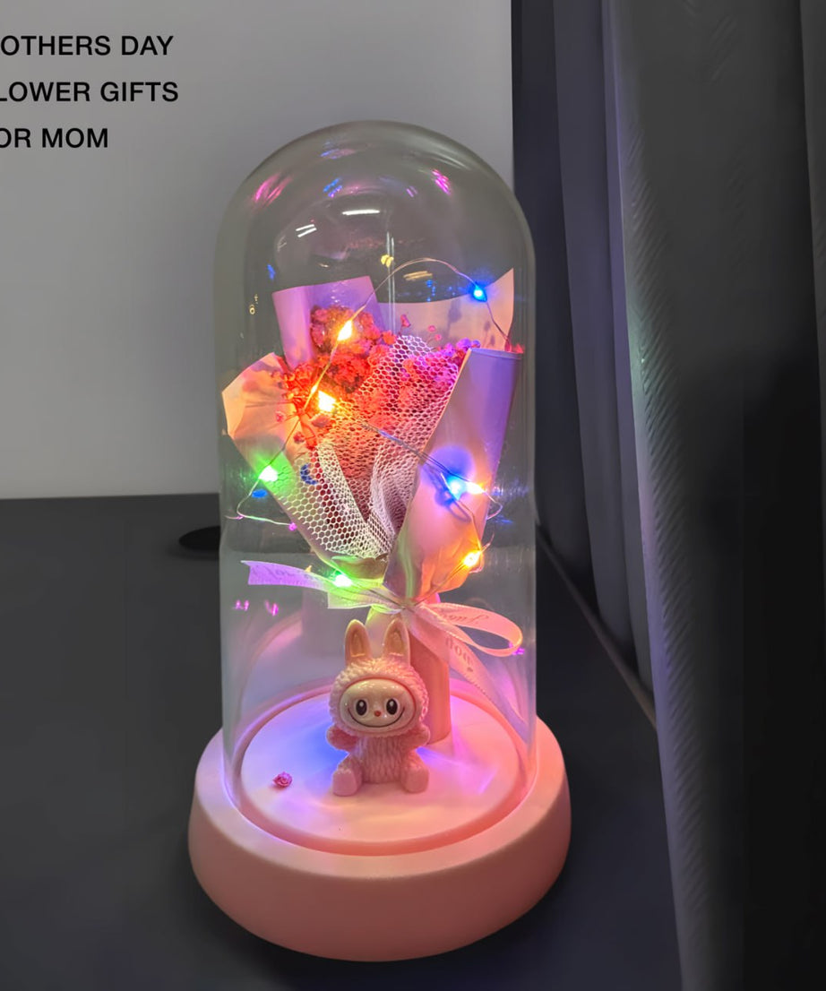 Pink Flower Dome Gift with LED Light – Decorative Rose Bouquet Display with Cute Labubu Figurine