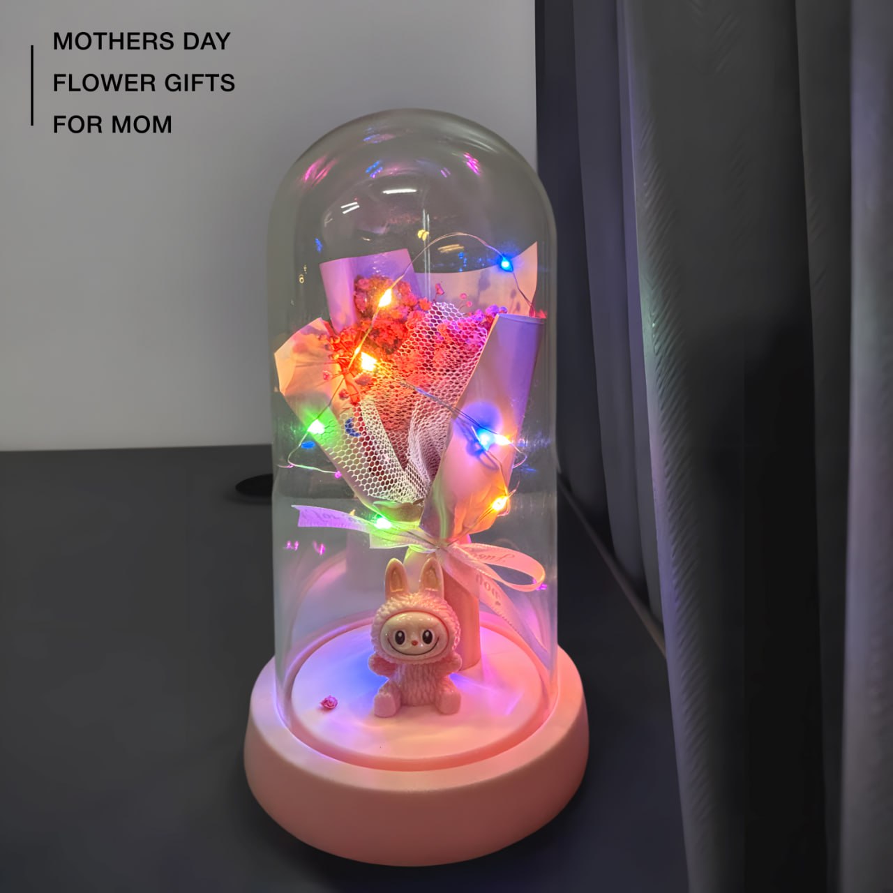 Pink Flower Dome Gift with LED Light – Decorative Rose Bouquet Display with Cute Labubu Figurine
