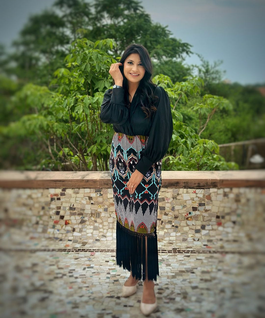 Luxury Printed Fringe Midi Dress for Women Elegant Black Long Sleeve Party Wear Dress