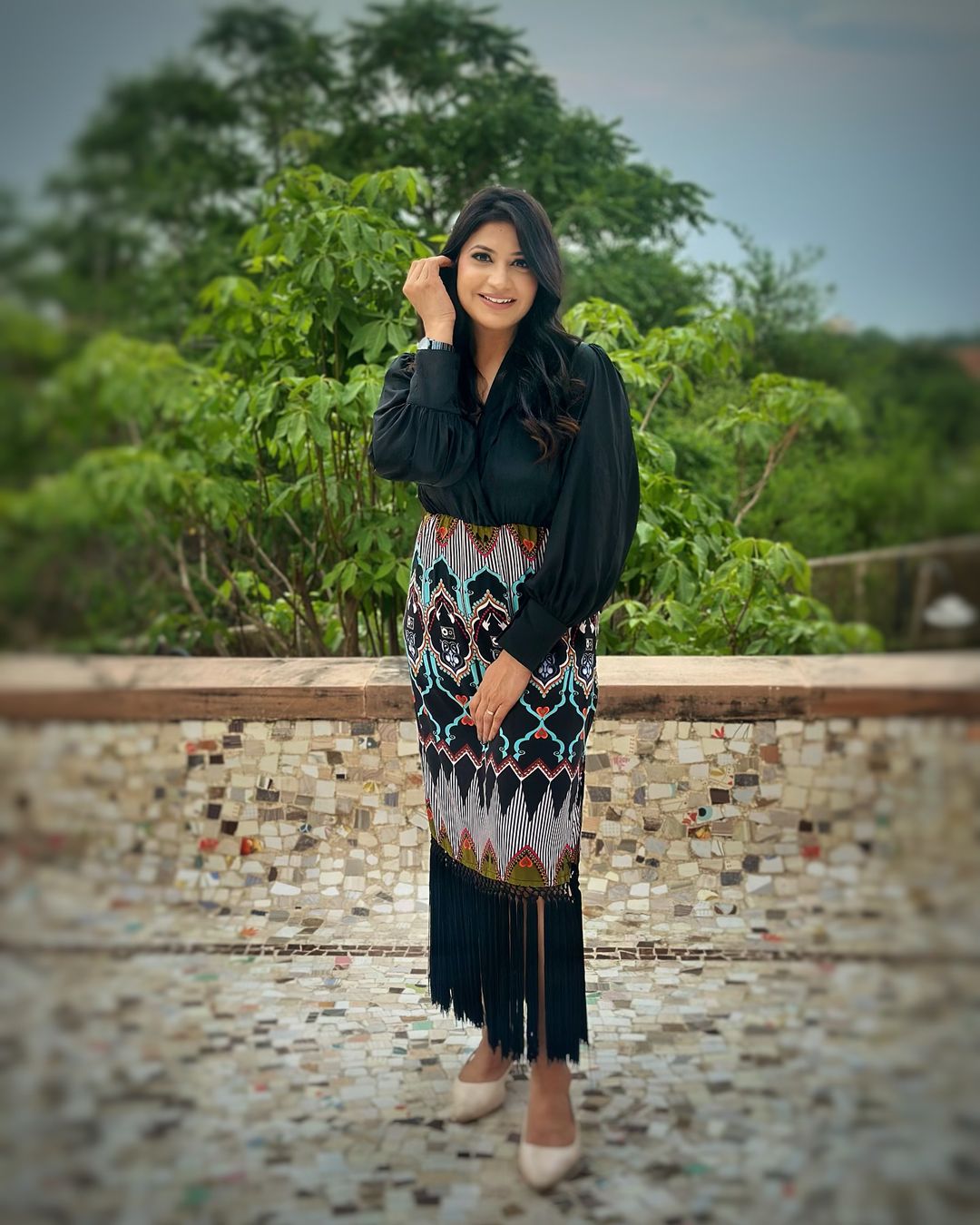 Luxury Printed Fringe Midi Dress for Women Elegant Black Long Sleeve Party Wear Dress