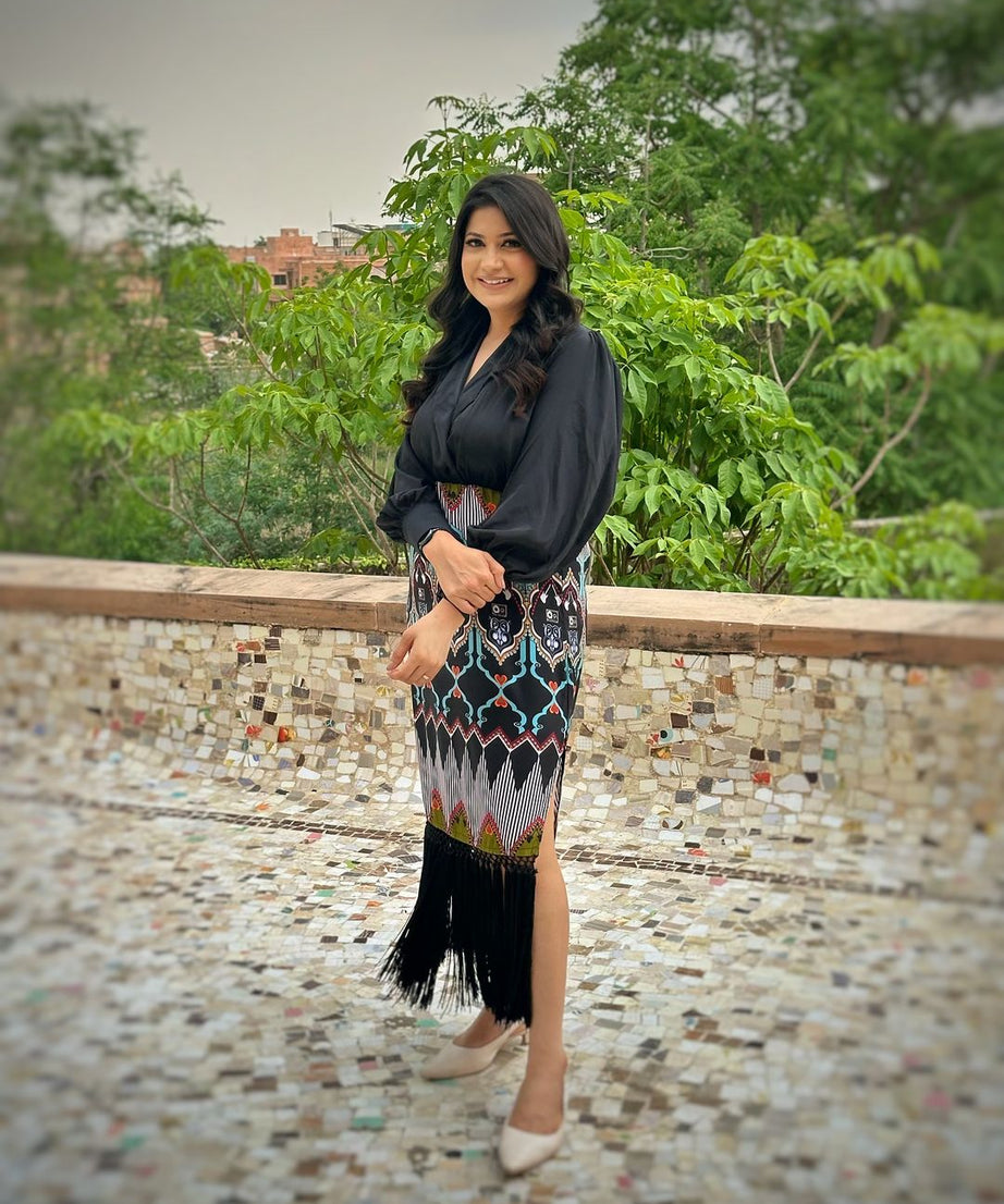 Luxury Printed Fringe Midi Dress for Women Elegant Black Long Sleeve Party Wear Dress