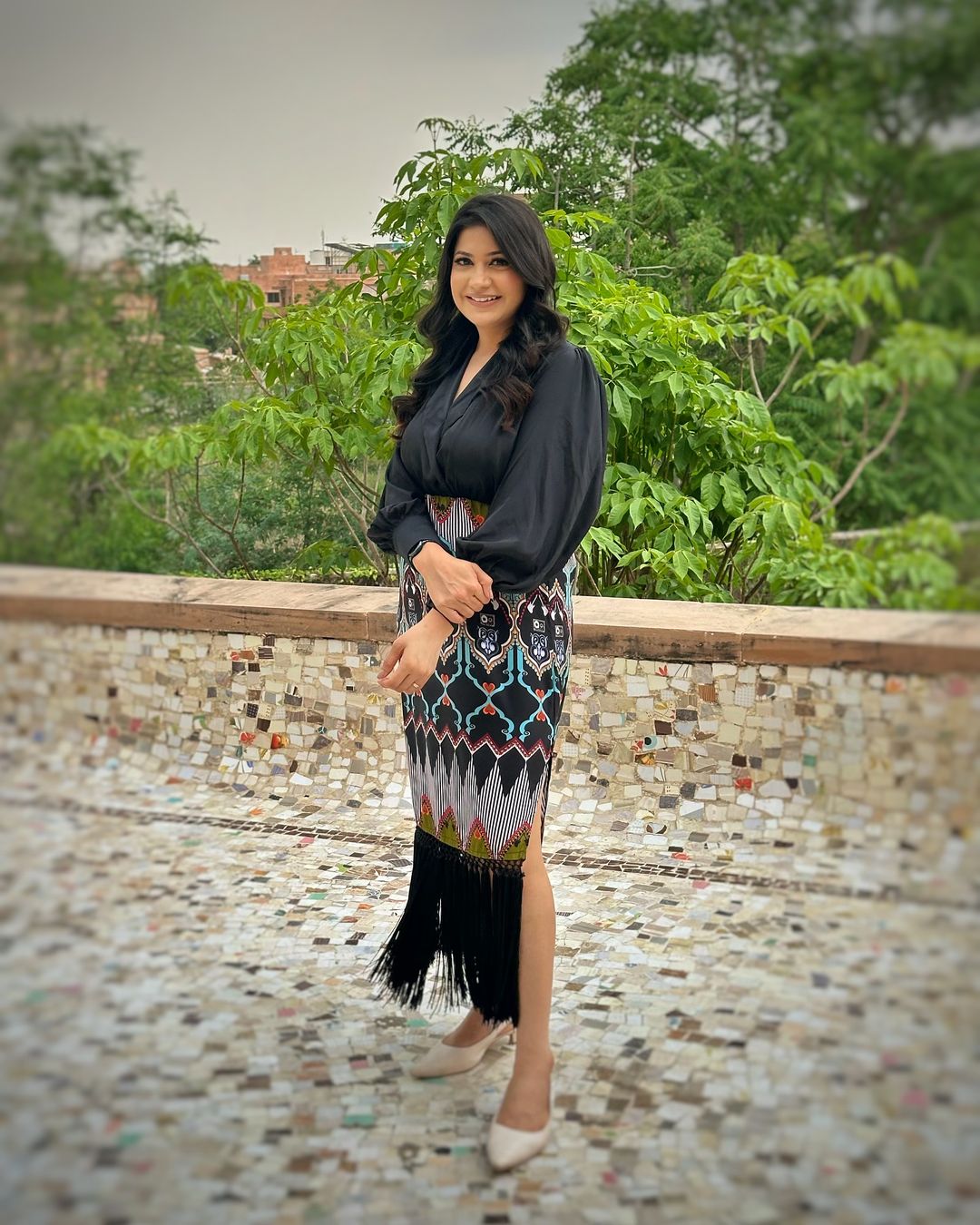 Luxury Printed Fringe Midi Dress for Women Elegant Black Long Sleeve Party Wear Dress