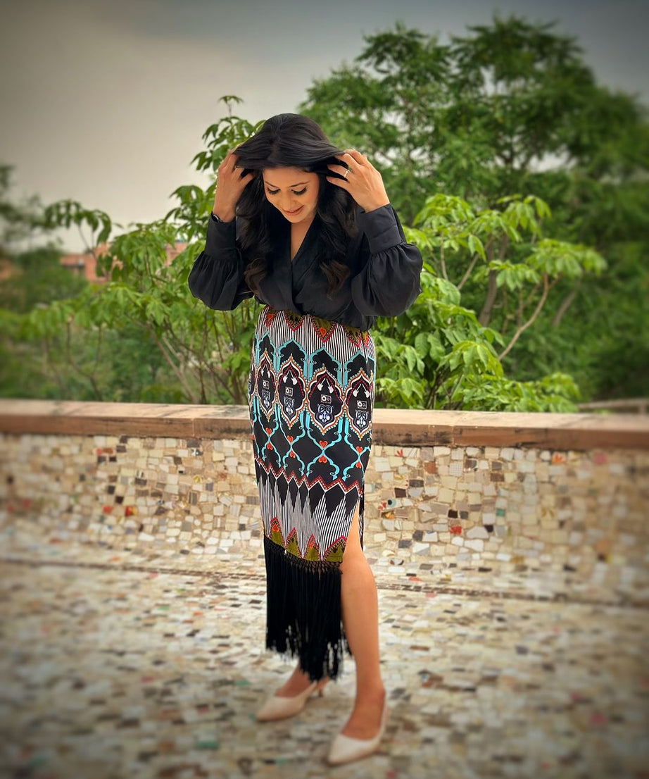 Luxury Printed Fringe Midi Dress for Women Elegant Black Long Sleeve Party Wear Dress