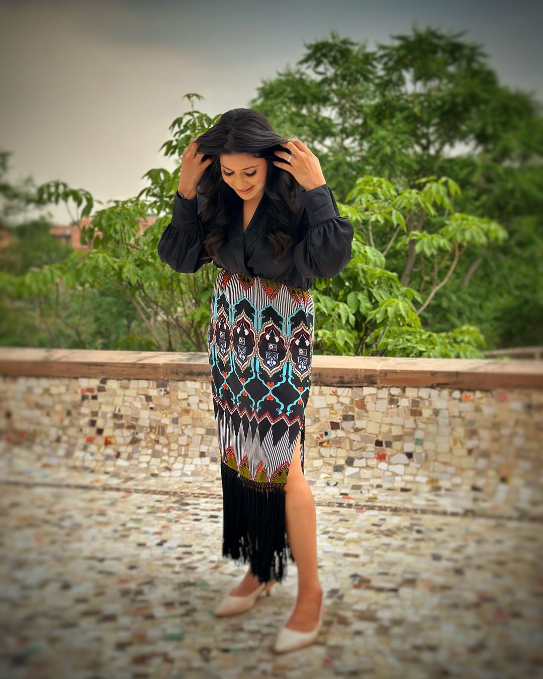 Luxury Printed Fringe Midi Dress for Women Elegant Black Long Sleeve Party Wear Dress