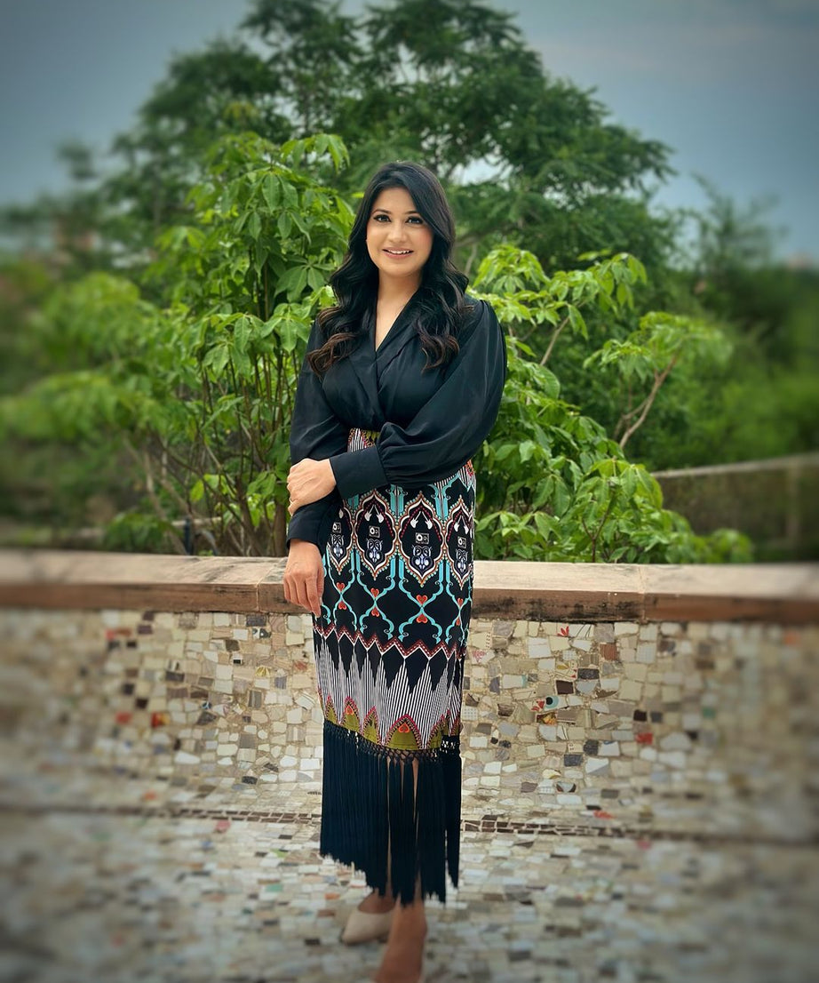Luxury Printed Fringe Midi Dress for Women Elegant Black Long Sleeve Party Wear Dress