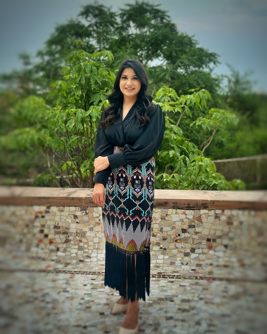 Luxury Printed Fringe Midi Dress for Women Elegant Black Long Sleeve Party Wear Dress