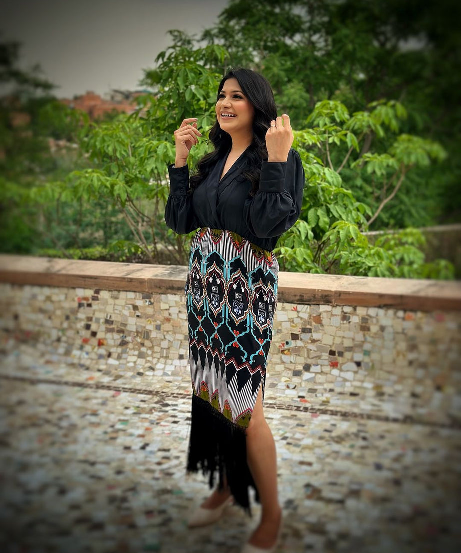 Luxury Printed Fringe Midi Dress for Women Elegant Black Long Sleeve Party Wear Dress