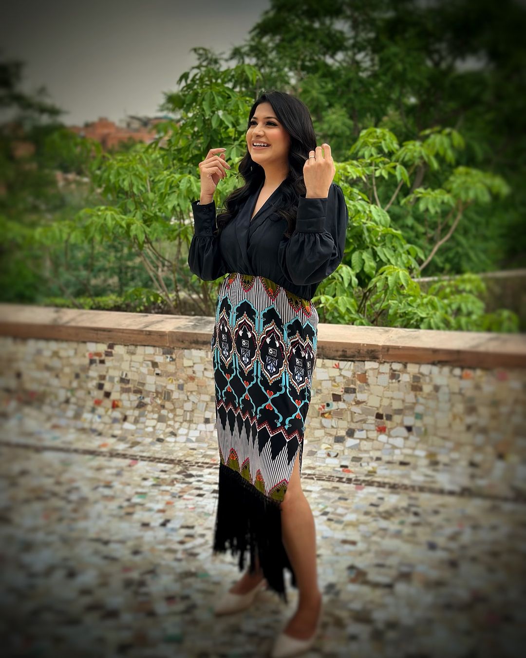 Luxury Printed Fringe Midi Dress for Women Elegant Black Long Sleeve Party Wear Dress