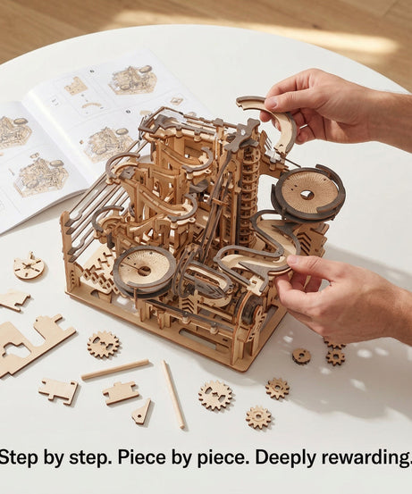 3D Wooden Marble Run Puzzle Kit – DIY Mechanical Gear Model Toy for Adults & Kids