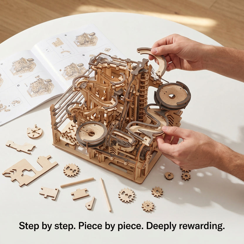 3D Wooden Marble Run Puzzle Kit – DIY Mechanical Gear Model Toy for Adults & Kids