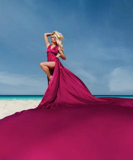 Long Fuchsia Satin Flying Dress – Multiway Floor-Length Gown for Photoshoots & Events