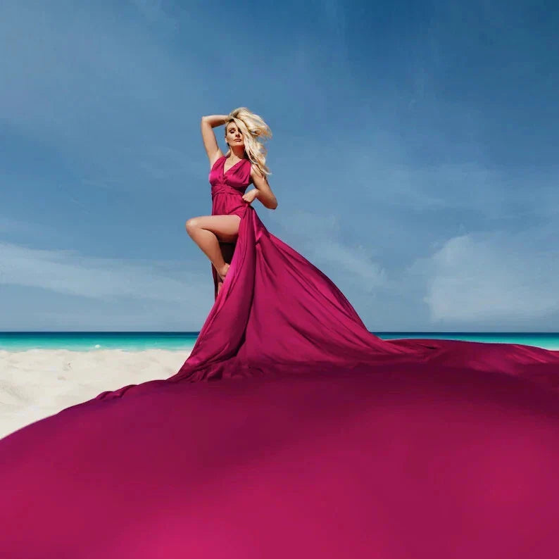 Long Fuchsia Satin Flying Dress – Multiway Floor-Length Gown for Photoshoots & Events
