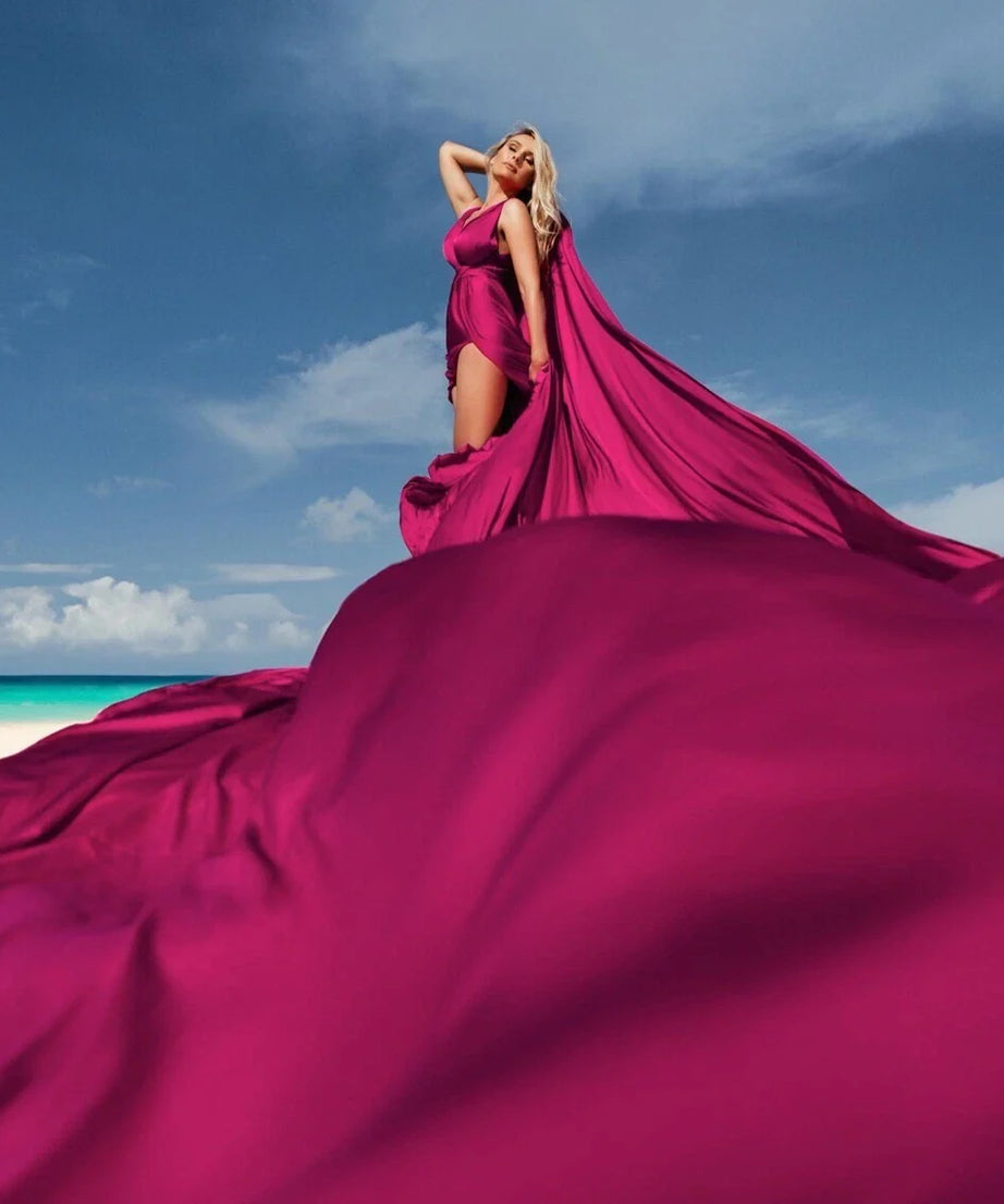 Long Fuchsia Satin Flying Dress – Multiway Floor-Length Gown for Photoshoots & Events