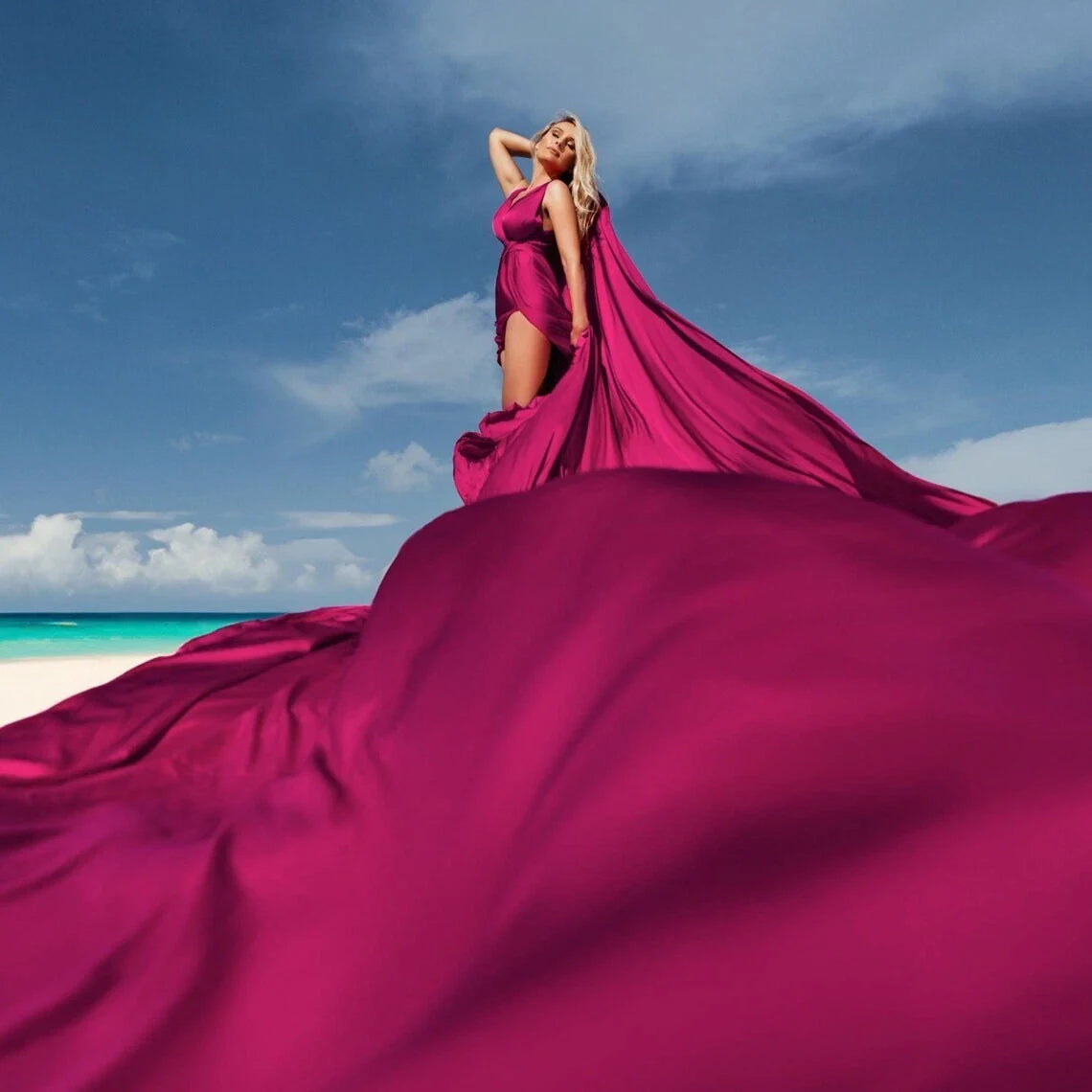 Long Fuchsia Satin Flying Dress – Multiway Floor-Length Gown for Photoshoots & Events