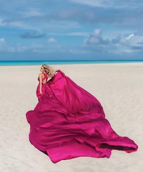 Long Fuchsia Satin Flying Dress – Multiway Floor-Length Gown for Photoshoots & Events