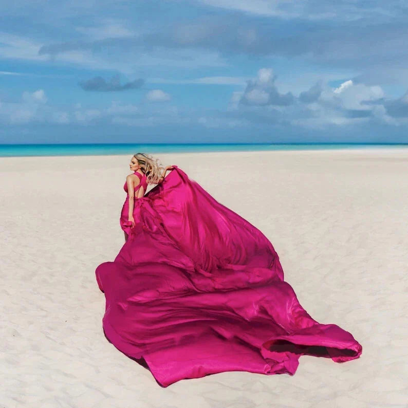 Long Fuchsia Satin Flying Dress – Multiway Floor-Length Gown for Photoshoots & Events