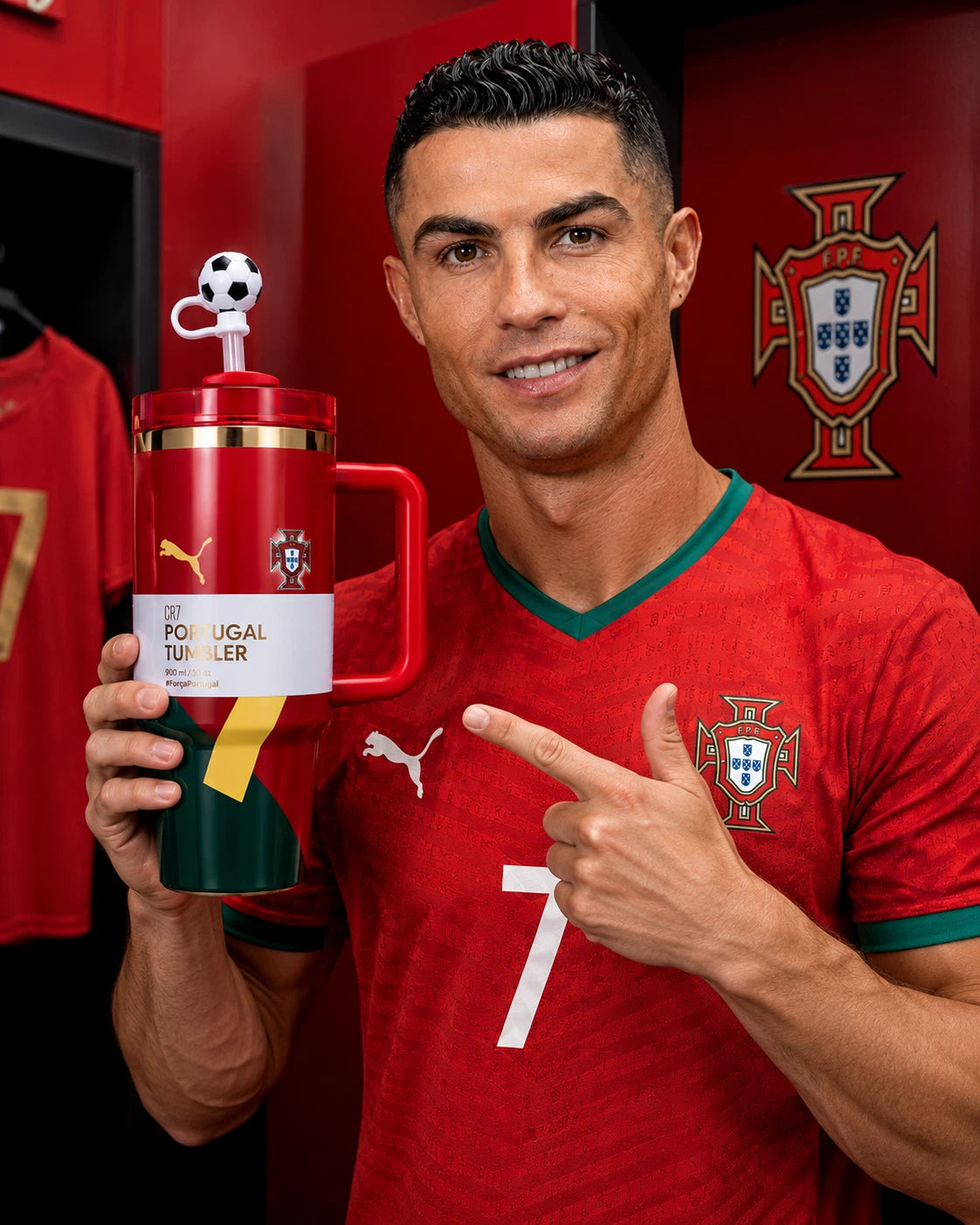 CR7 Portugal Football Tumbler Cup 30oz Insulated Travel Mug with Handle Lid
