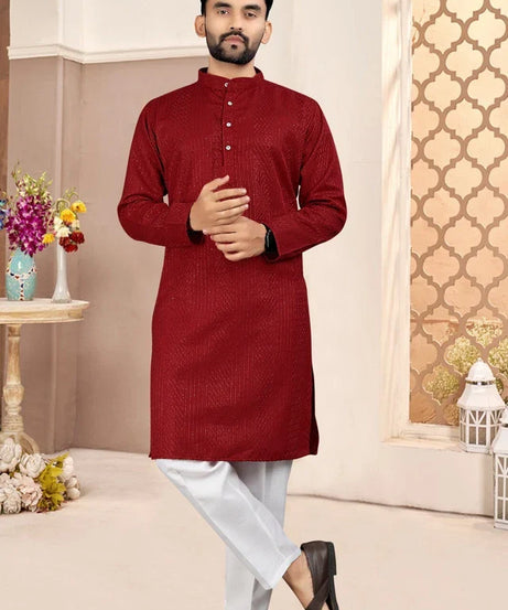 Traditional Wedding Wear Cotton Sequence Work Kurta With Pajama Set