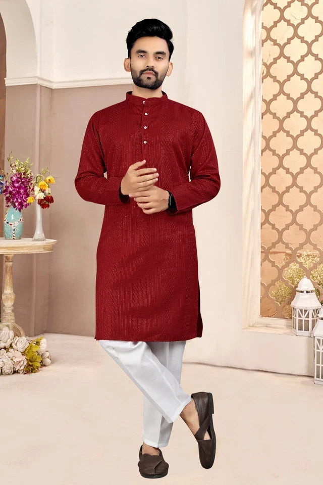 Traditional Wedding Wear Cotton Sequence Work Kurta With Pajama Set
