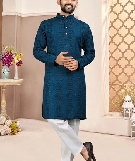 Traditional Wedding Wear Cotton Sequence Work Kurta With Pajama Set