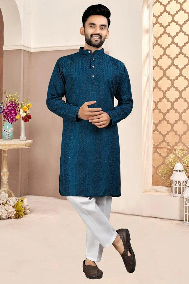 Traditional Wedding Wear Cotton Sequence Work Kurta With Pajama Set