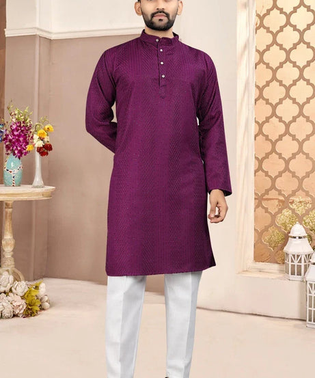 Traditional Wedding Wear Cotton Sequence Work Kurta With Pajama Set