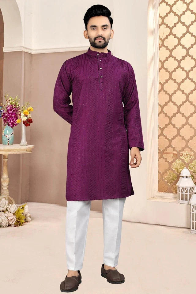 Traditional Wedding Wear Cotton Sequence Work Kurta With Pajama Set