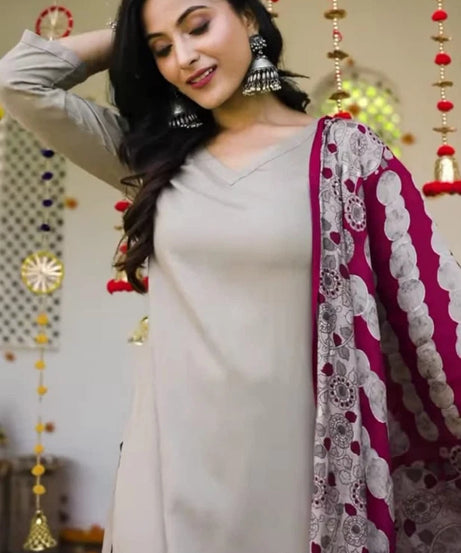 Heavy Cotton Slub Plain Kurti-Pant with Dupatta Women's 12-VZ