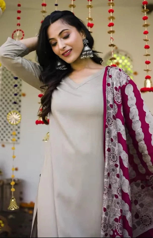 Heavy Cotton Slub Plain Kurti-Pant with Dupatta Women's 12-VZ