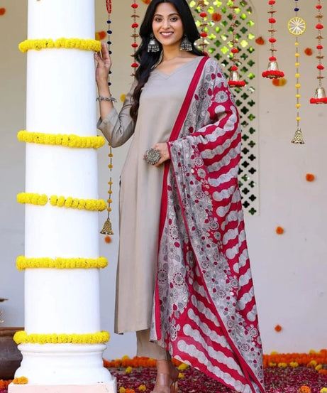 Heavy Cotton Slub Plain Kurti-Pant with Dupatta Women's 12-VZ