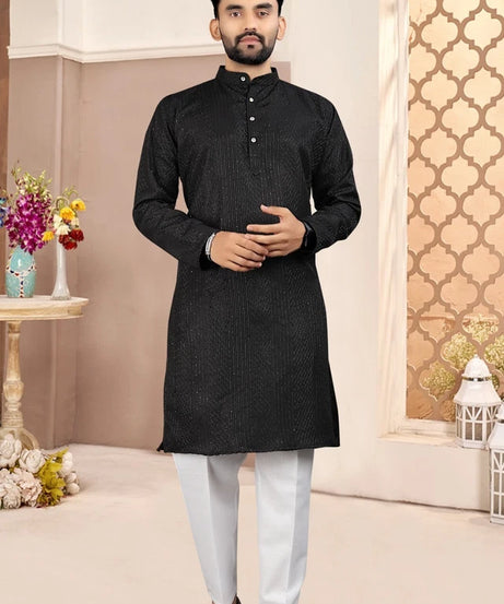 Traditional Wedding Wear Cotton Sequence Work Kurta With Pajama Set