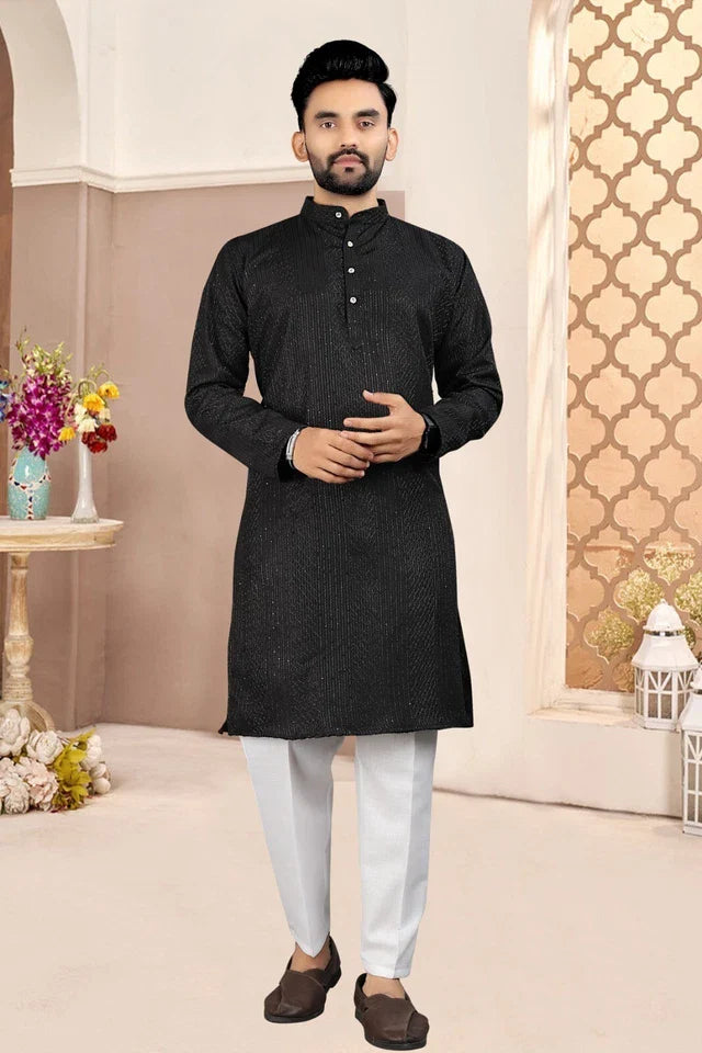 Traditional Wedding Wear Cotton Sequence Work Kurta With Pajama Set