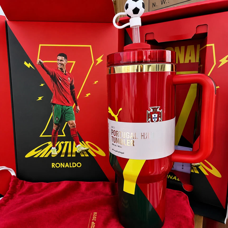 CR7 Portugal Football Tumbler Cup 30oz Insulated Travel Mug with Handle Lid