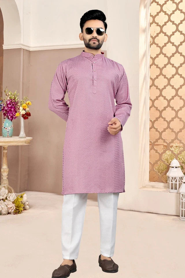 Traditional Wedding Wear Cotton Sequence Work Kurta With Pajama Set