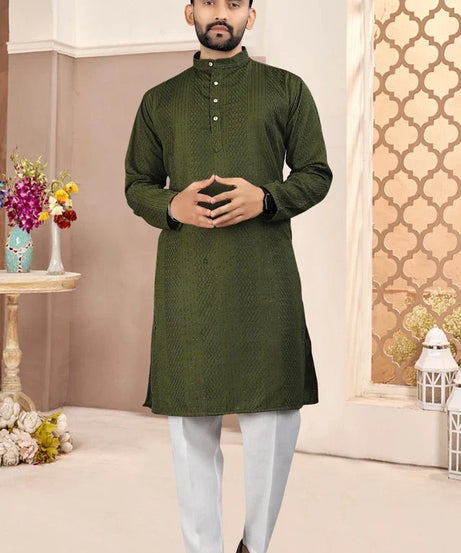 Traditional Wedding Wear Cotton Sequence Work Kurta With Pajama Set