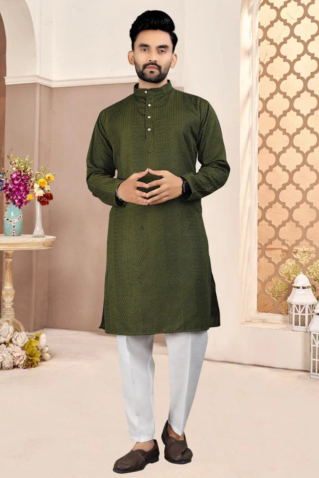 Traditional Wedding Wear Cotton Sequence Work Kurta With Pajama Set